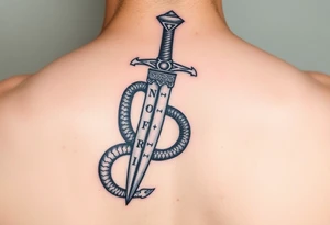 An ornate dagger piercing a snake, with runes carved into the blade, representing loyalty to the Dark Lord tattoo idea