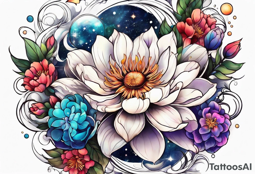 Cosmic space flowers tattoo idea