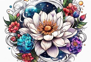 Cosmic space flowers tattoo idea
