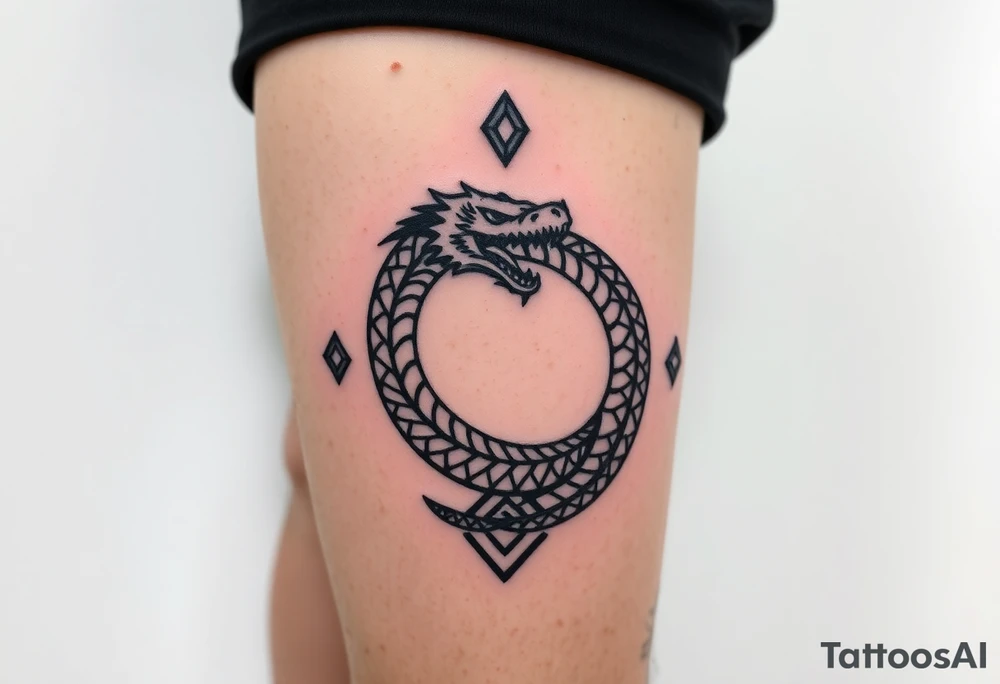 Ouroborous or dragon/serpent/snake eating its own tail in a figure 8 in negative space with geometric patterns on a leg tattoo design tattoo idea