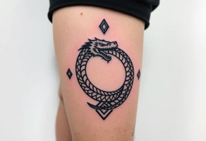Ouroborous or dragon/serpent/snake eating its own tail in a figure 8 in negative space with geometric patterns on a leg tattoo design tattoo idea