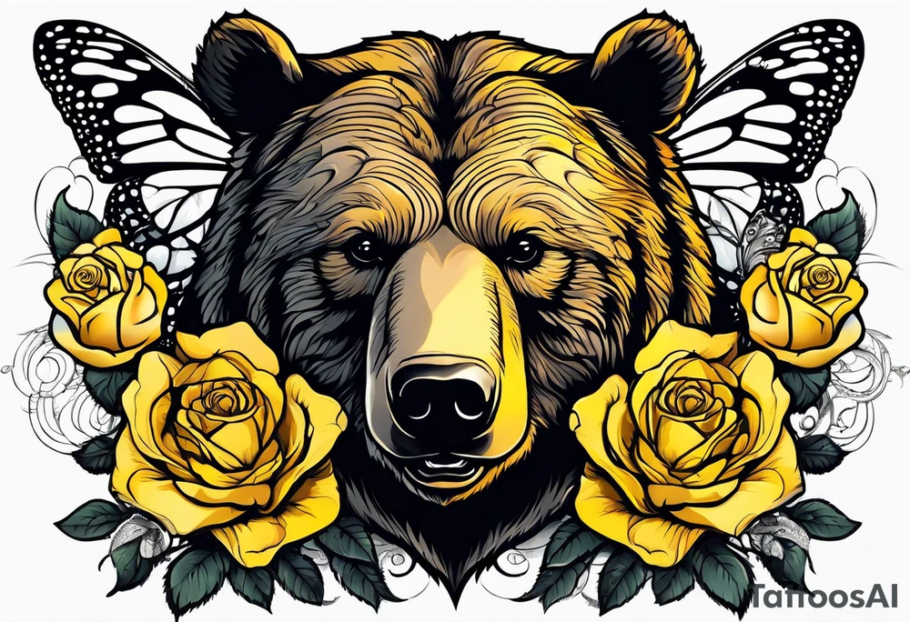 A tribal bear on top of a butterfly and yellow rose tattoo idea