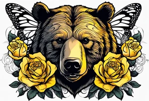 A tribal bear on top of a butterfly and yellow rose tattoo idea