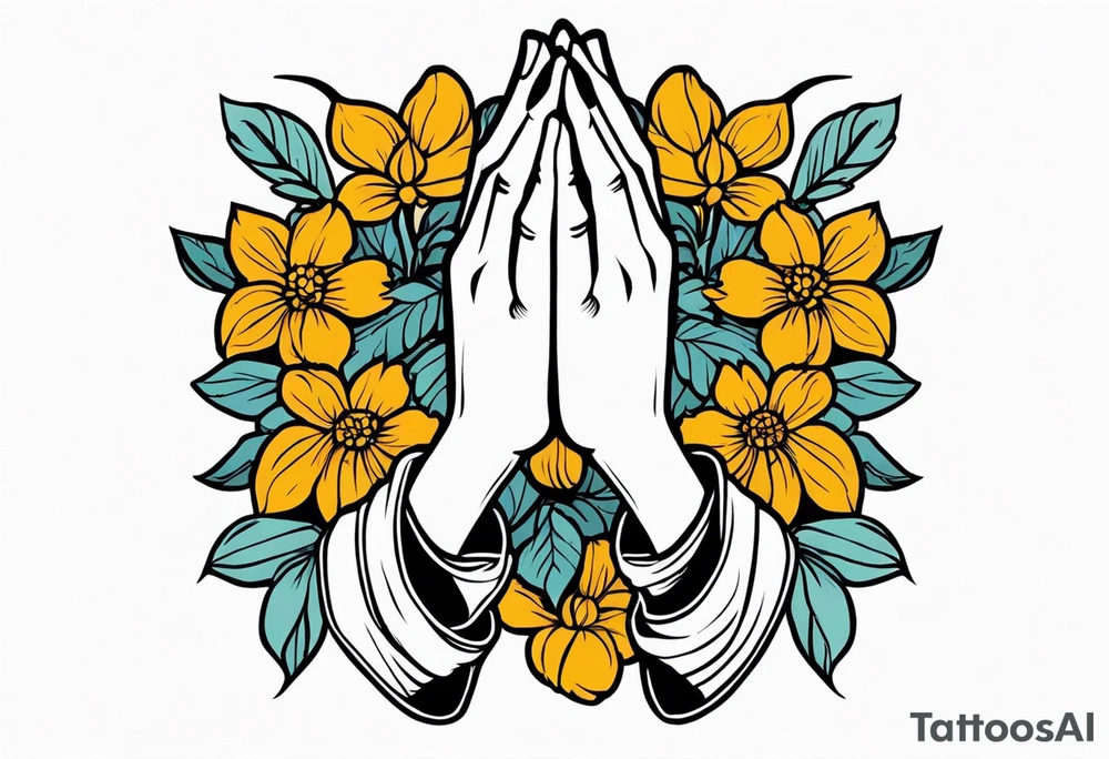 two 
hands praying with flowers simple bold tradional old school style bold colors tattoo idea