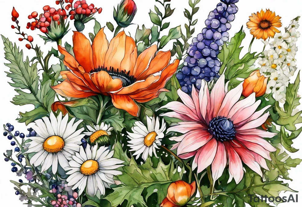 wildflowers with thistles, ferns, white anemones, sun flowers, orange flowers, green flowers, pink flowers, red flowers, berries and babies breath and daisies all in watercolor tattoo idea