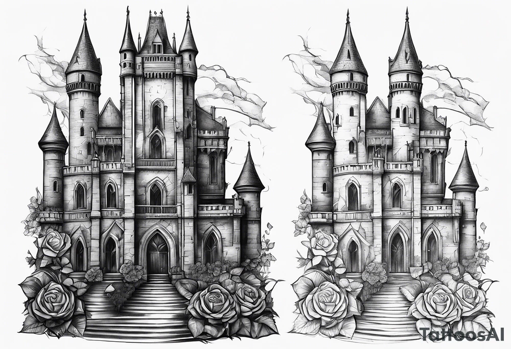 tall old broken gothic castle, broken sword, roses tattoo idea