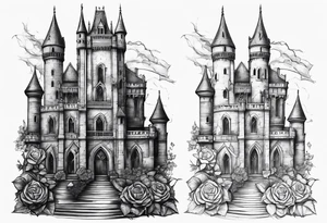 tall old broken gothic castle, broken sword, roses tattoo idea