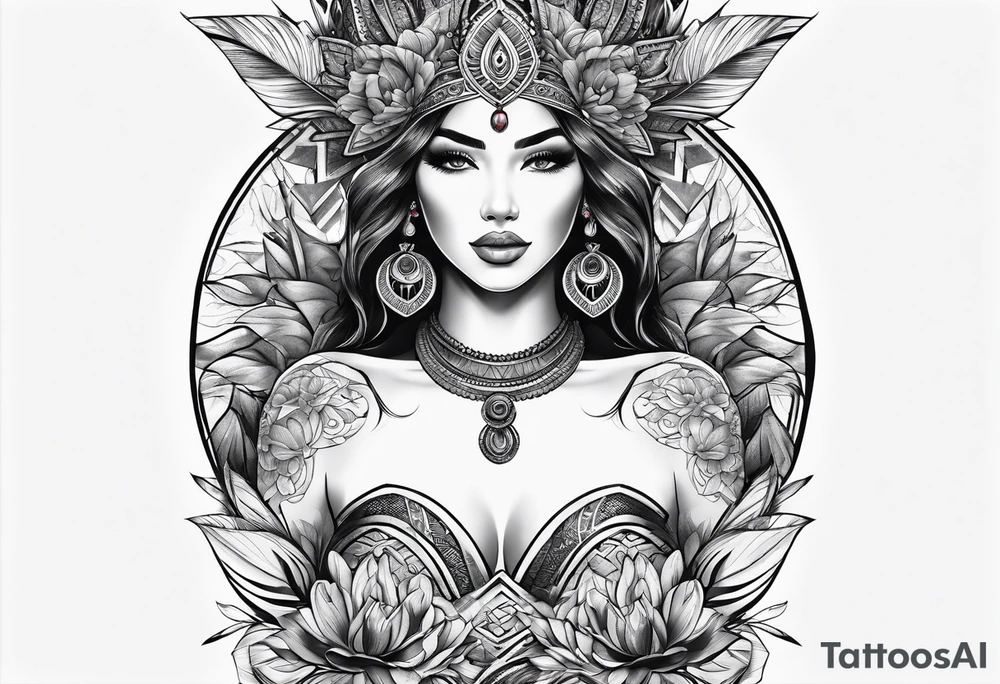 Woman’s thigh tattoo. Face with symbol of motherhood and soft warrior tattoo idea