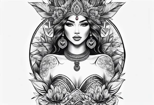 Woman’s thigh tattoo. Face with symbol of motherhood and soft warrior tattoo idea