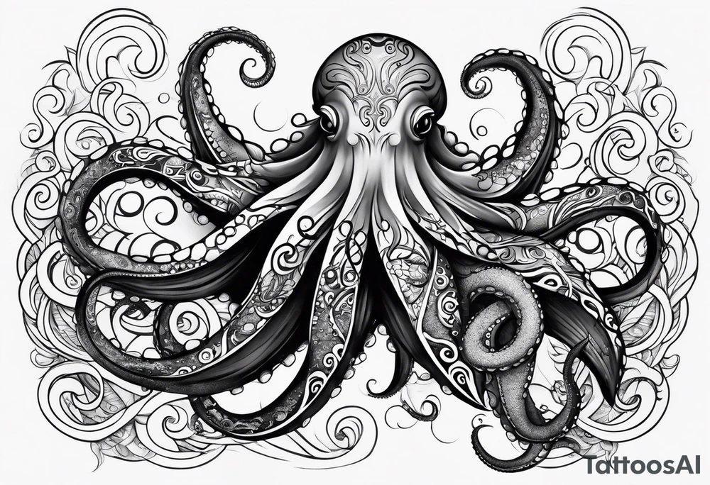 Tribal half sleeve octopus with fish and water waves around it tattoo idea