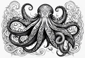 Tribal half sleeve octopus with fish and water waves around it tattoo idea