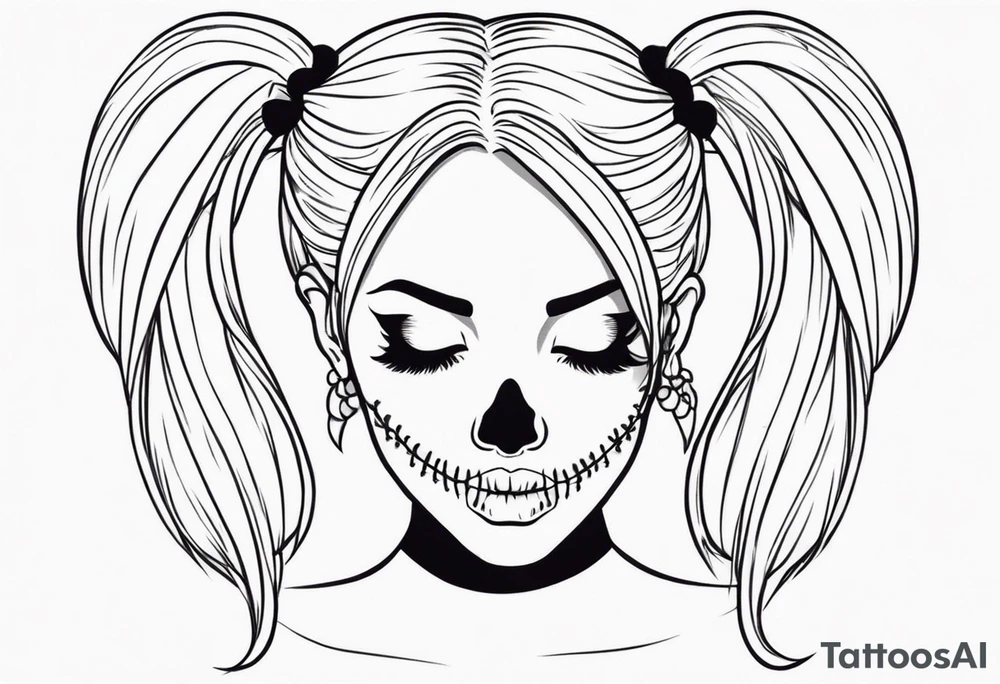 feminine skull and cross bones with hair in two blonde pigtails tattoo idea