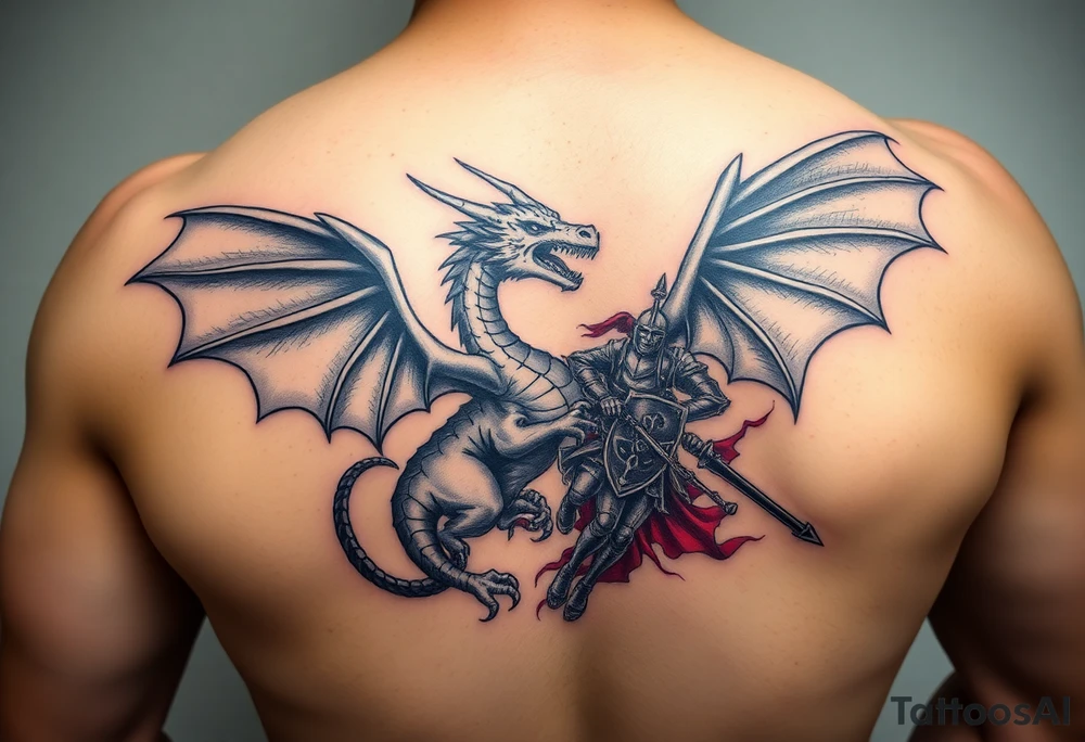 3d Powerful winged dragon fighting a knight with colors tattoo idea