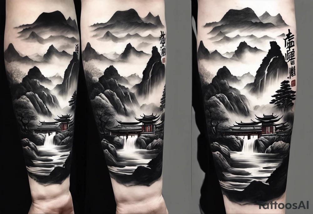 forearm sleeve traditional chinese art painting style mountains mist fog waterfall Chinese temple two old men wearing robes and drinking tea tattoo idea