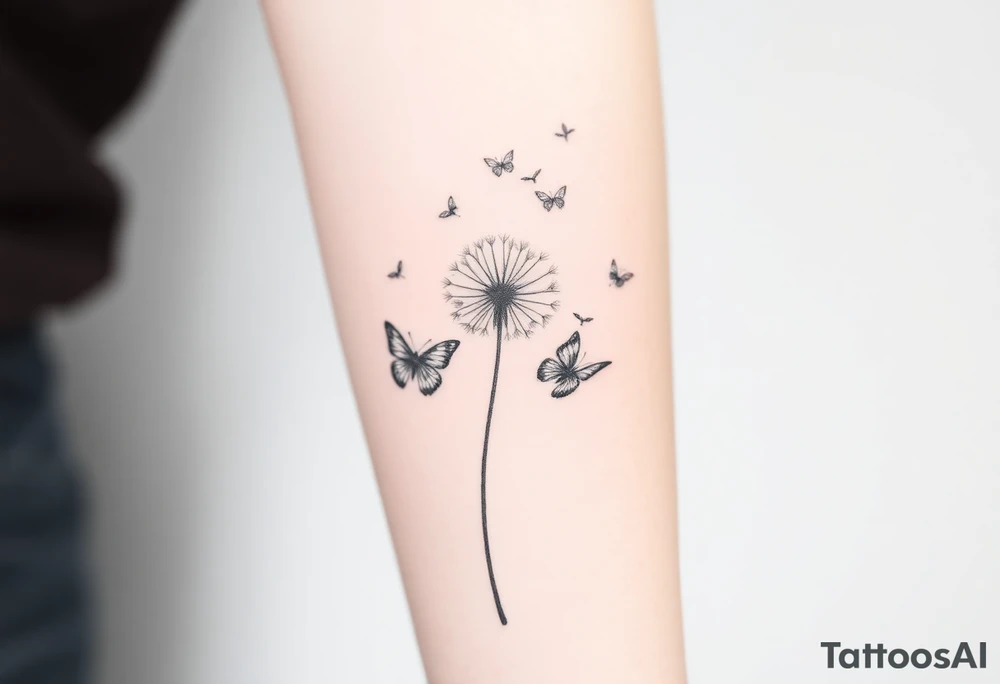 a dandelion and two butterflies flying around it.  some pieces of the dandelion fly tattoo idea