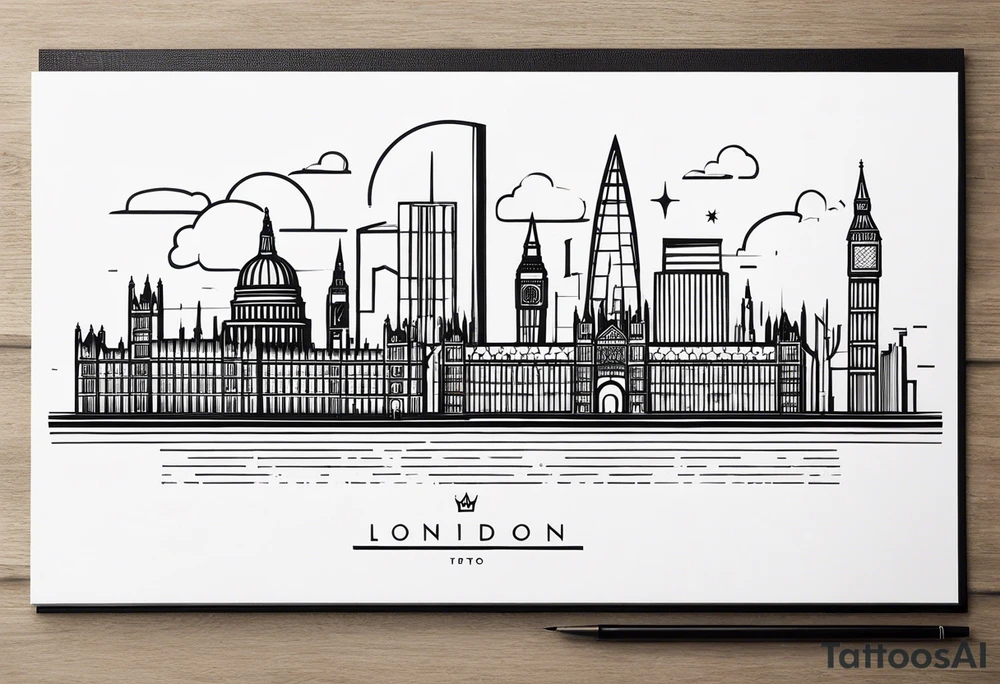 A minimalistic, abstract design capturing the architectural essence and vibe of London. Key elements of London’s skyline and structure are hinted at with clean lines, and subtle detailing includes personal touches, like a nod to Feid’s signature look (hat, glasses, mustache), integrated discreetly to honor a memorable concert experience. tattoo idea