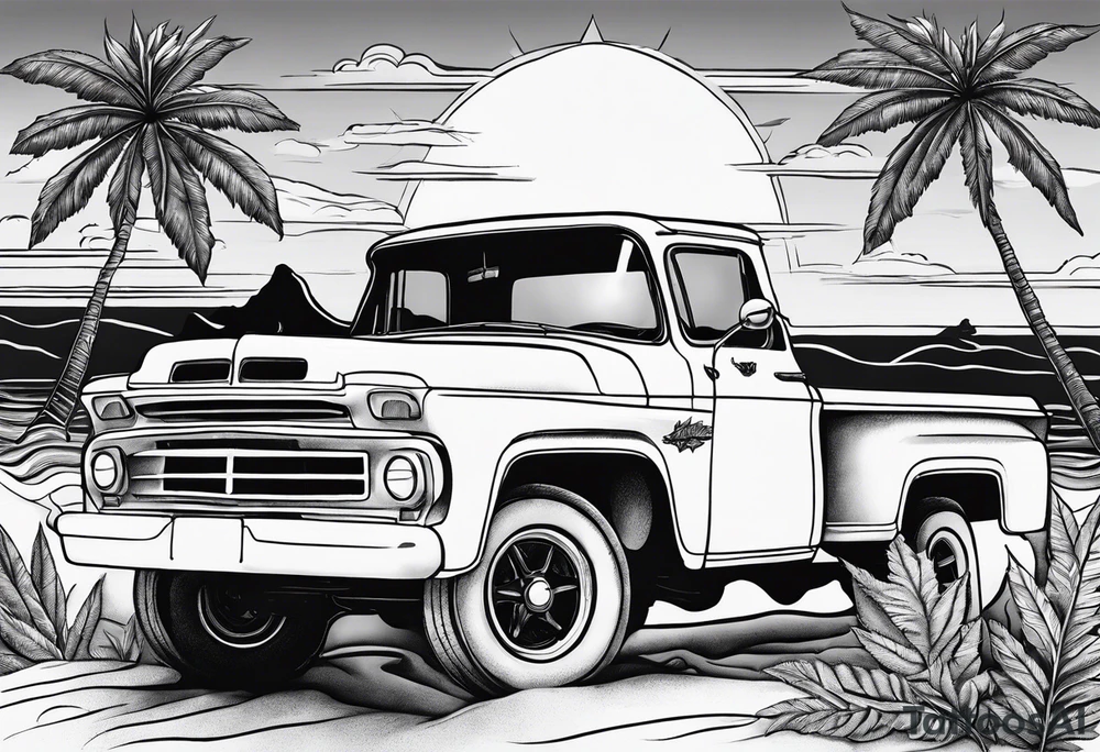 Beach theme, sunset, classic truck, marijuana leaf tattoo idea