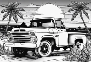Beach theme, sunset, classic truck, marijuana leaf tattoo idea