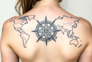 antique compass rose overlaid on weathered world map with sailing ships tattoo idea