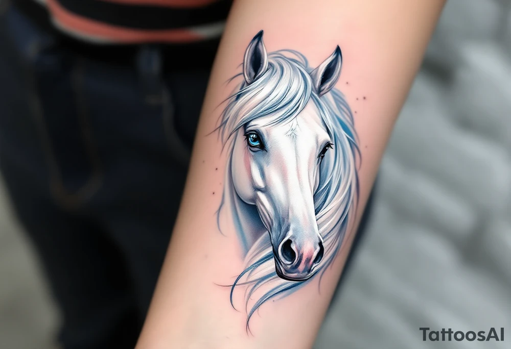 Snowy White Mare – A clean white horse head with a long silver mane, lightly shaded in gray for depth, with icy blue eyes. tattoo idea