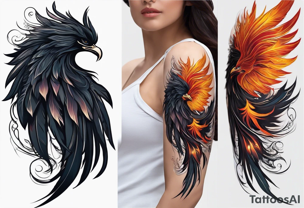 Style: Primarily realistic with subtle abstract elements for flow and connection.
Phoenix on the Shoulder: A realistic phoenix rising from flames, symbolizing resilience and rebirth. The feathers are intricately detailed, with flames or smoke wrapping around the upper arm, flowing downward to connect with other elements in the sleeve.

Witches: Realistic yet mystical representations of witches, either as dark silhouettes or subtle figures within shadows. They’re spaced throughout the design, adding a sense of wisdom and mystery to the piece.

Angel Flying into Space: An angel starting mid-arm and ascending upwards, transitioning into stars, cosmic dust, or nebulae as it approaches the phoenix on the shoulder. This symbolizes transcendence and limitless inspiration, with stars and abstract cosmic details surrounding the angel.

Family (Close and Distant): Realistic figures representing family members, positioned in a gradient along the forearm. Some are highly detailed and close, while others fade into the background, symbolizing closeness and distance within the family dynamic.

Overall Composition: The elements are interconnected with flowing lines, smoke, and cosmic themes, creating a unified sleeve that tells a personal story of life, music, and inspiration. tattoo idea