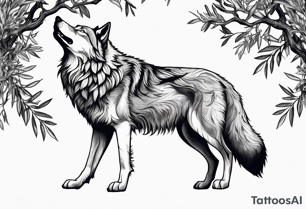 realistic howling wolf drawn with olive tree branches and leaves tattoo idea