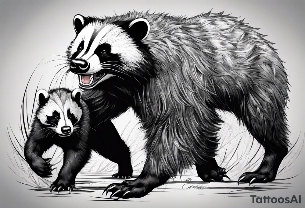 Draw me badger/wolverine with aggressive full body show, killer face with cute smile, very long nails and he attacks like a gladiator to enemy and also he has very deadly looking tattoo idea