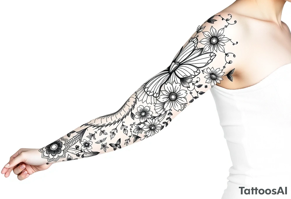 Magical mythical animal sleeve with fairies and flowers, including some geometric aspects tattoo idea