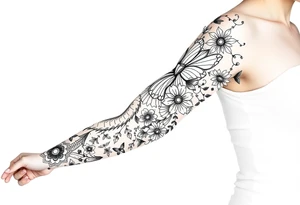 Magical mythical animal sleeve with fairies and flowers, including some geometric aspects tattoo idea