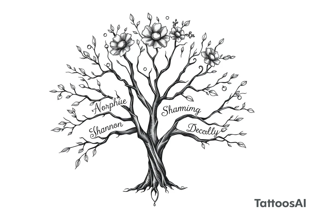 family tree tattoo with names sophie, chloe, shannon, hannah, hunter, jacob and declyn tattoo idea