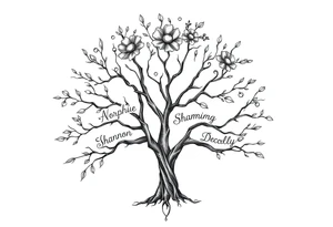 family tree tattoo with names sophie, chloe, shannon, hannah, hunter, jacob and declyn tattoo idea