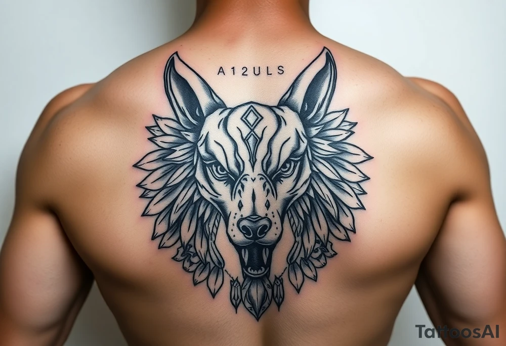 Egyptian Anubis god powerful face muscle in Egypt style dog face surrounded Egyptian symbols based on stones tattoo idea