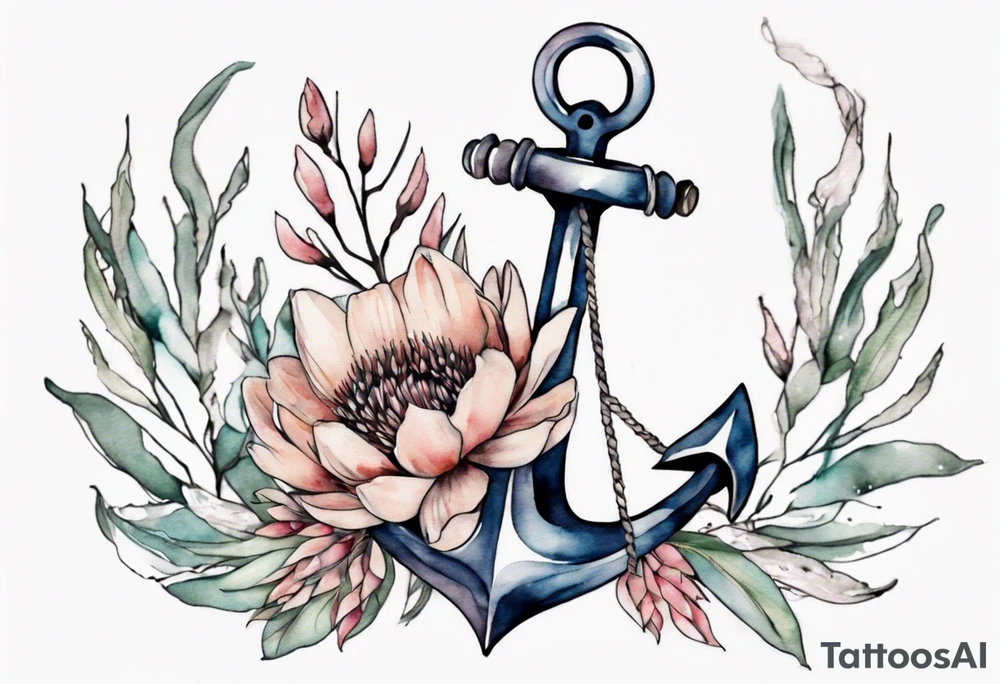 Very feminine tattoo of an anchor with protea flowers tattoo idea