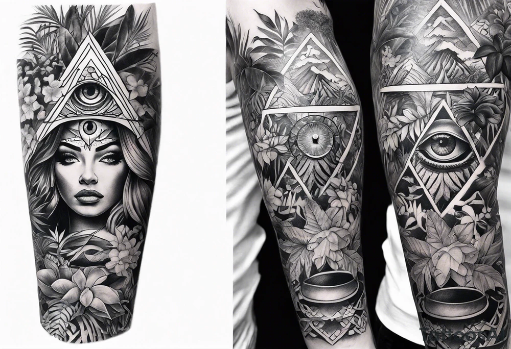 full arm sleeve tattoo with all-seeing eye and jungle plants tattoo idea