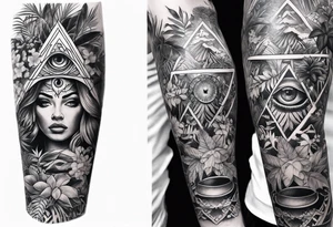 full arm sleeve tattoo with all-seeing eye and jungle plants tattoo idea