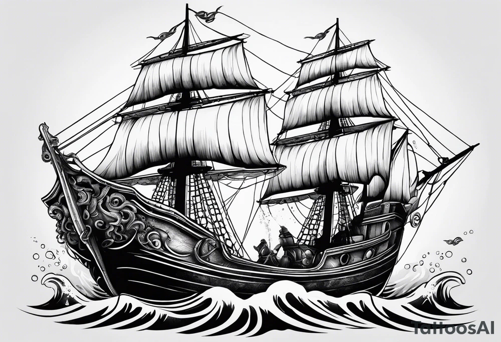 Pulpo gigante destruyendo un barco desde debajo del agua tattoo idea