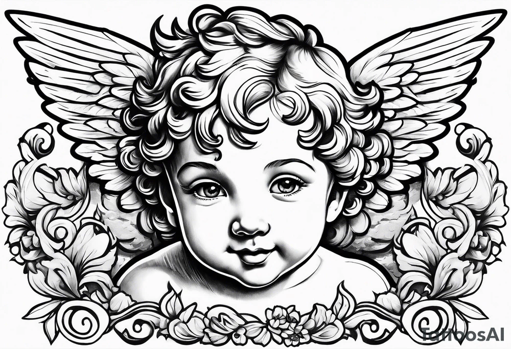 one putti with wings smiling vertical tattoo idea