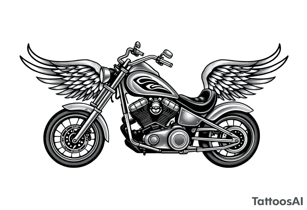 Low rider grey motorcycle, big muffler pipes with flames, angel wings, driving away, no person tattoo idea