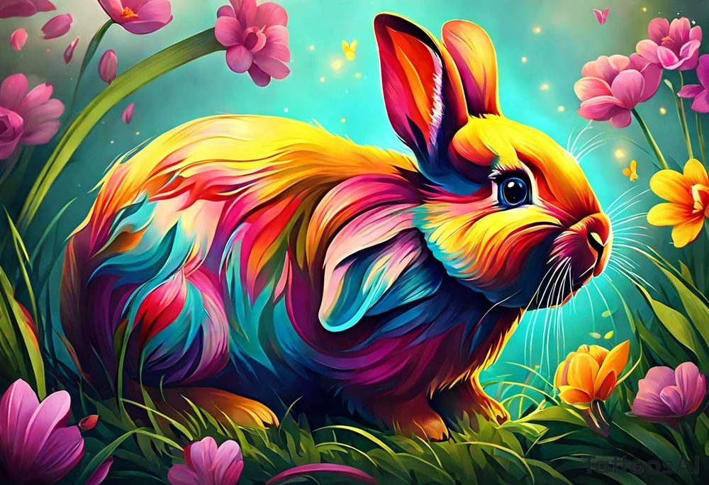 I would like a colorful bunny tattoo for my daughter because she loves bunnies and at the same time she is a pig, I would like the bunny to preferably have some combination with a pig, and then her birthday is April 9, and I would like the bunny to be kind of in the style of something like Iron Man, with the number 0409 on the armor. I'm more of a geometric person myself so I'd like her to not be a full pattern but cut by diamonds or triangles tattoo idea