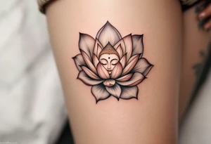 A delicate lotus flower  placed in a circle shape, with the petals soft and flowing outward. In the center, a subtle Buddha's face or a small Om symbol to represent inner peace and enlightenment. tattoo idea