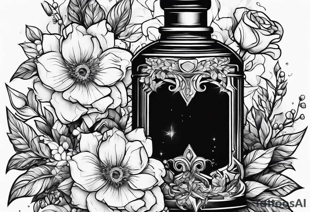 Broken potion bottle and flowers tattoo idea