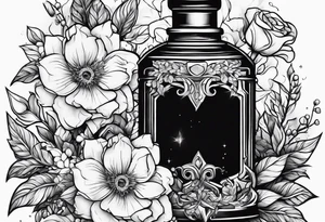 Broken potion bottle and flowers tattoo idea