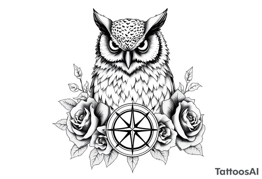 an owl,compass,roses, tattoo idea