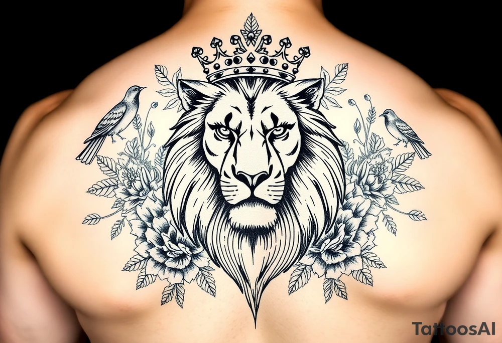 powerful majestic lion with a crown, surrounded by floral ornaments and birds tattoo idea