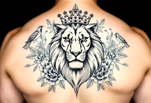 powerful majestic lion with a crown, surrounded by floral ornaments and birds tattoo idea