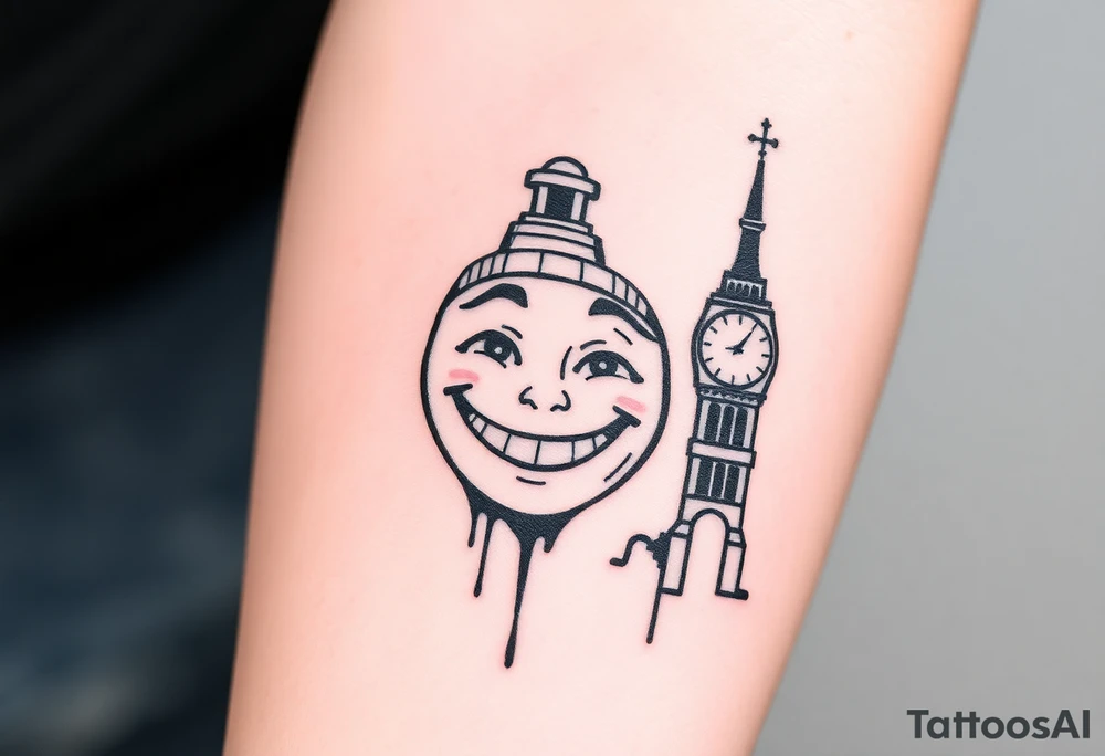 Smile face sad face happy face with clock tower tattoo idea