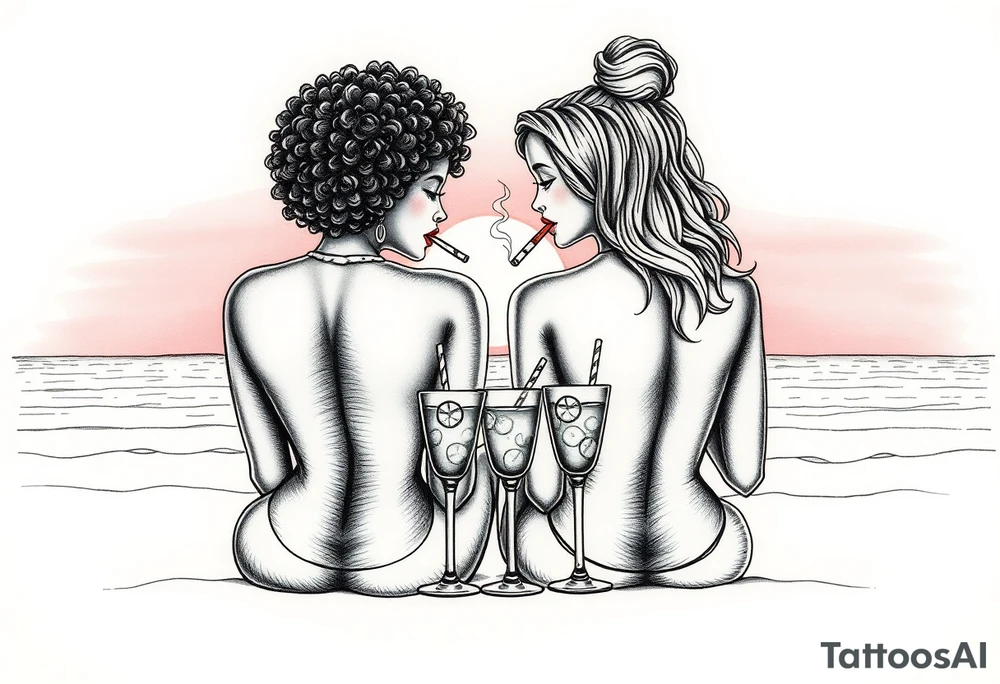 Two females One of the females is dark skin with Curly puffy hair The other girl is light skin and has wavy hair, sitting in front of a sunset on the beach, smoking a blunt with margarita glasses next to them tattoo idea