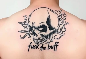 Graffiti type skull with markers and nibs behind it with smoke that says fuck the buff tattoo idea