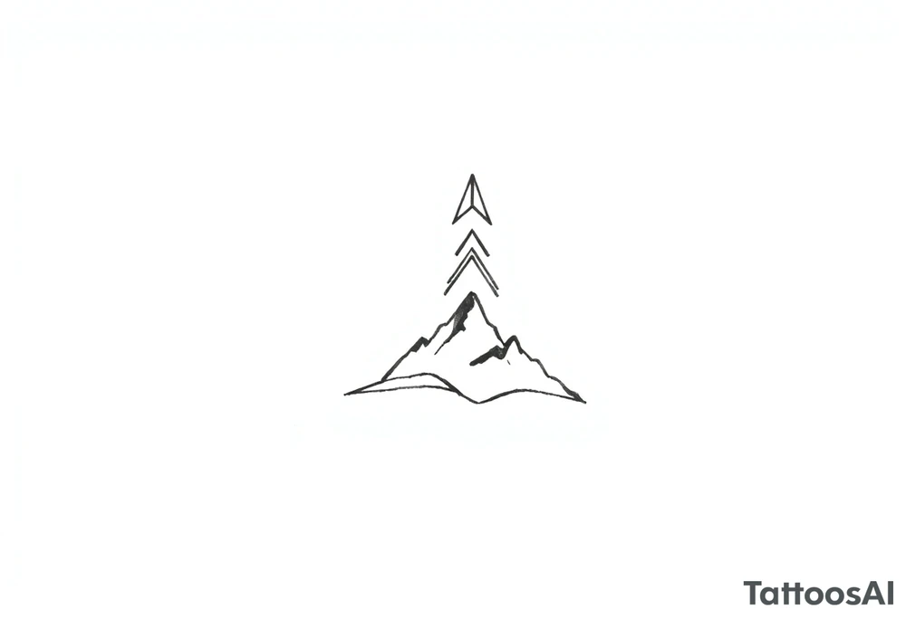 A stacked geometric design resembling a trail marker, consisting of three progressively smaller angular “arrowhead” shapes pointing upward. Beneath the arrow shapes, a thin, curved line flows gently, representing terrain, trails, or movement across landscapes. The design is abstract and highly symbolic, with clean, sharp edges. tattoo idea