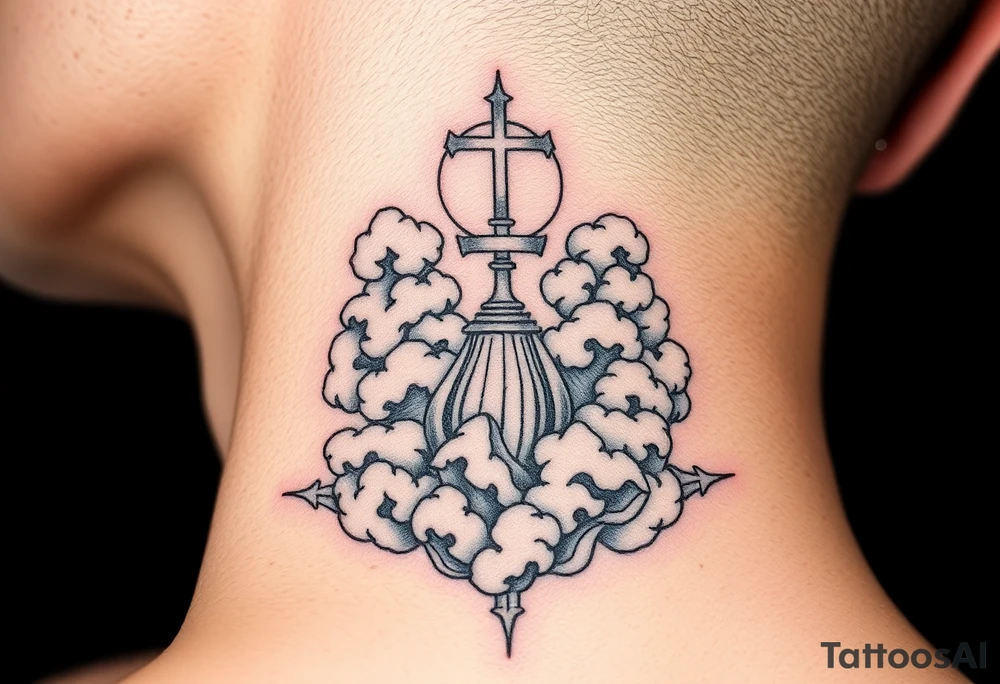 spiritual meaning objects with clouds in the background including hits of red tattoo idea